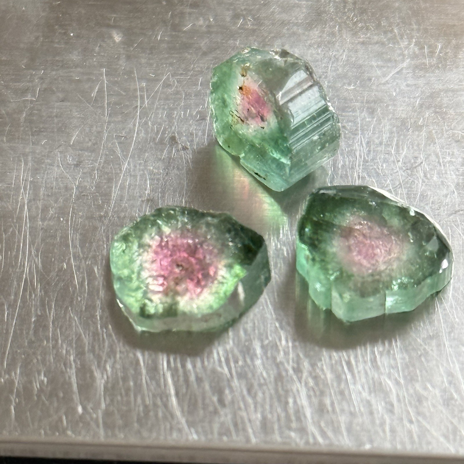 14ct 11-12×2.8-4.7mm 3pc Lot Pink Green Watermelon Tourmaline Slices Cabochons
