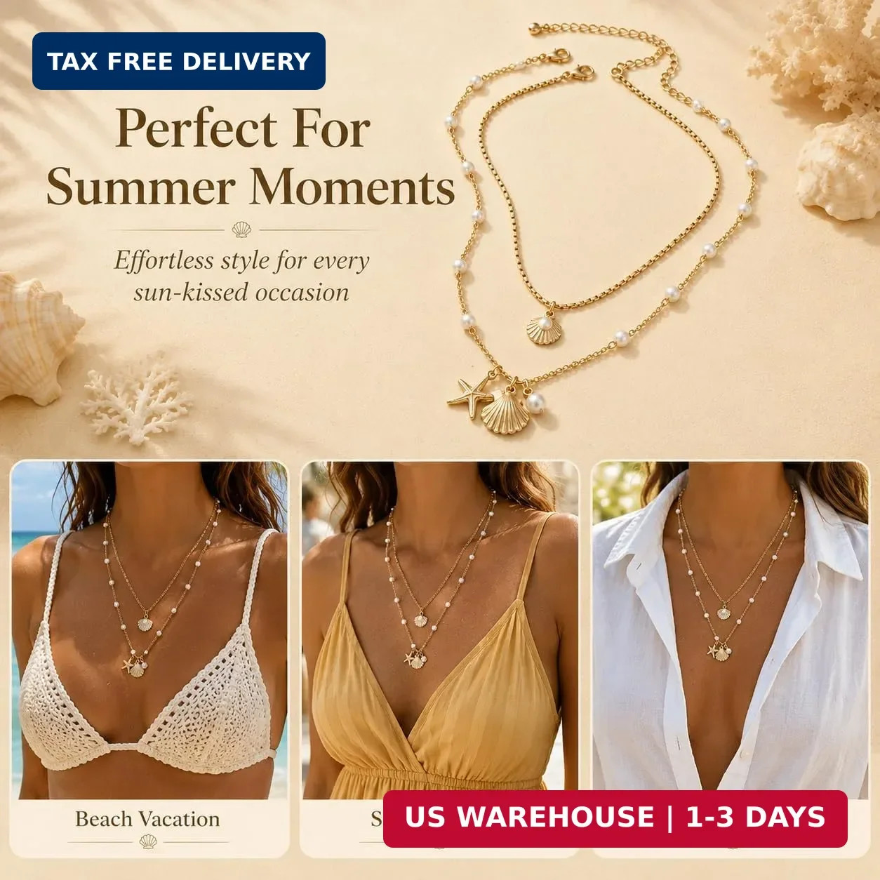 Shell Starfish Necklace for Women Gold Tone Layered Beach Jewelry Pearl Seashell