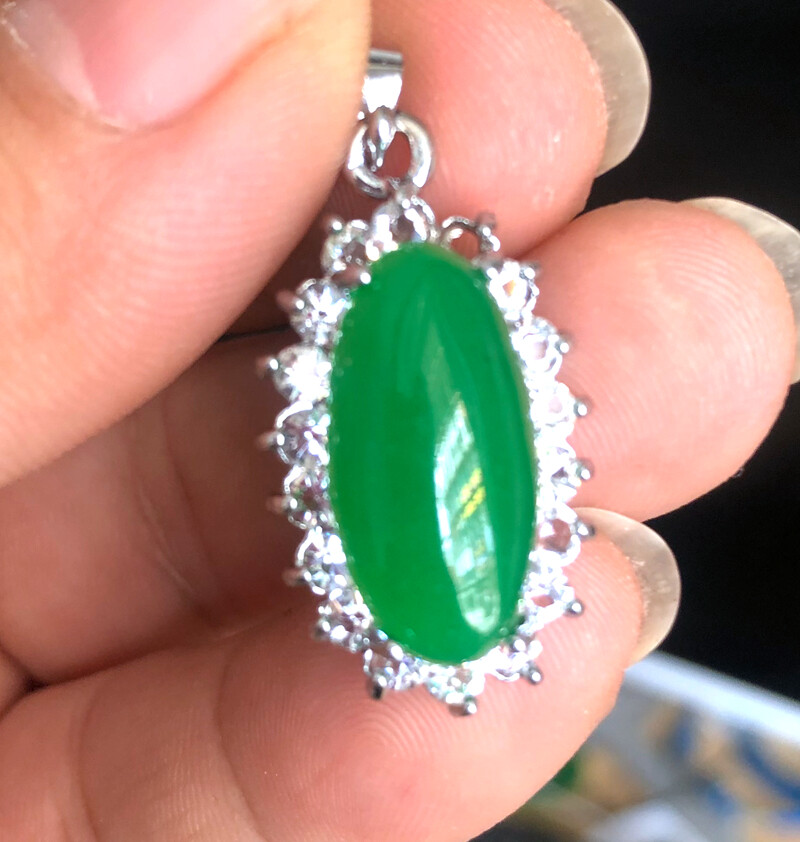 Silver Plated Natural Green Jade Water droplets shape Pattern Pendant
