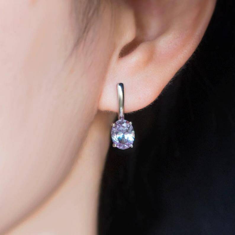 Oval Stud Earrings, Simple Oval 7*5 mm Alexandrite Earrings, Silver Alexandrite
