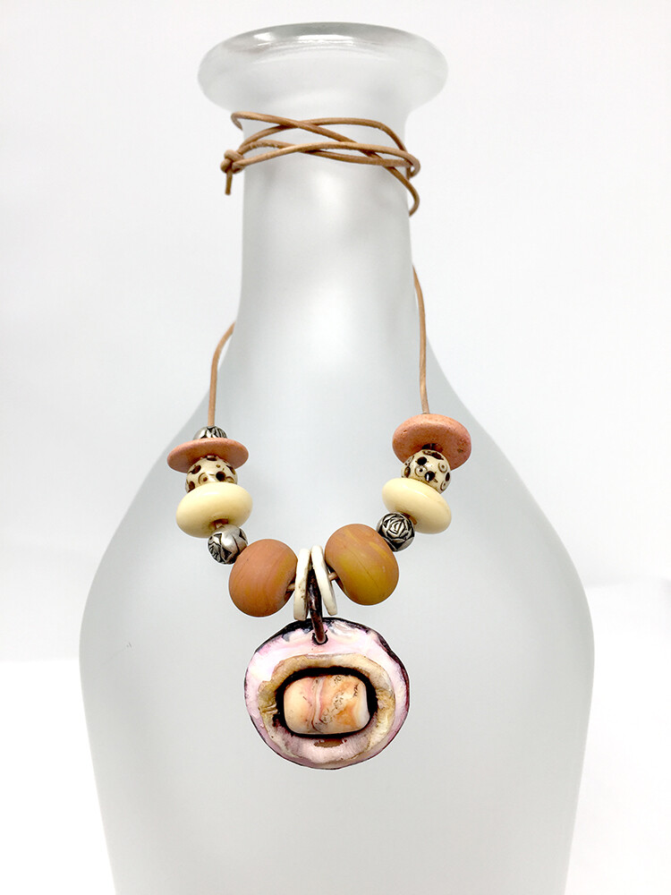 Rustic leather cord necklace BoHo Lampwork beads shell & bone beads