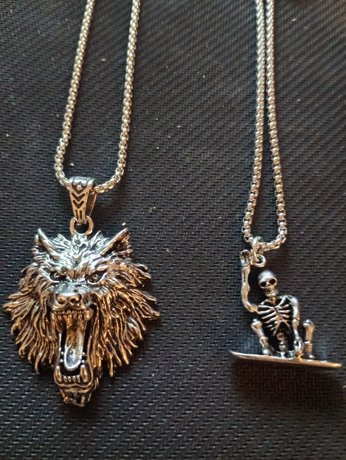 2 Silver-Colored Biker Style Chains with Wolf and Skull Design