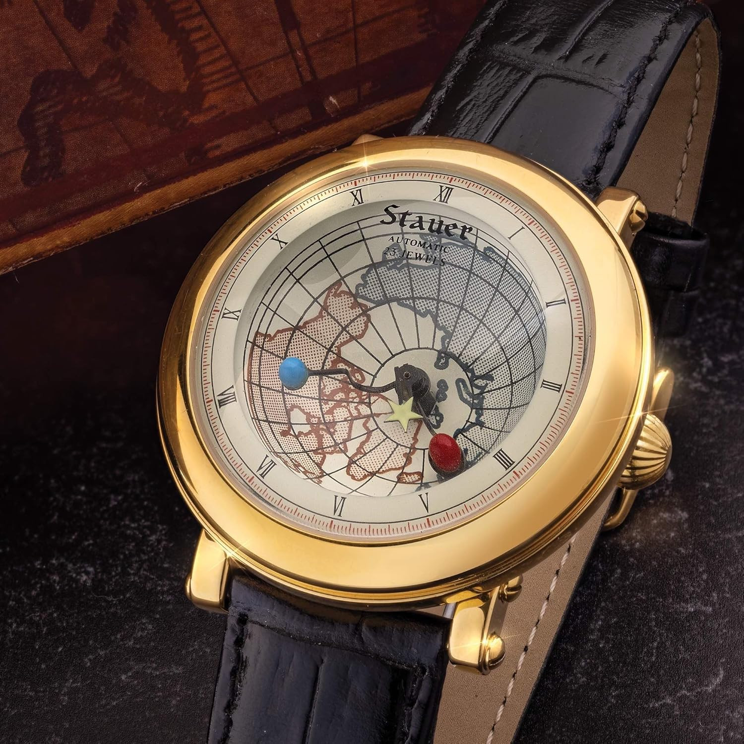 Dumonde 40mm Gold-Plated Automatic Watch with World Map Dial & Leather Band
