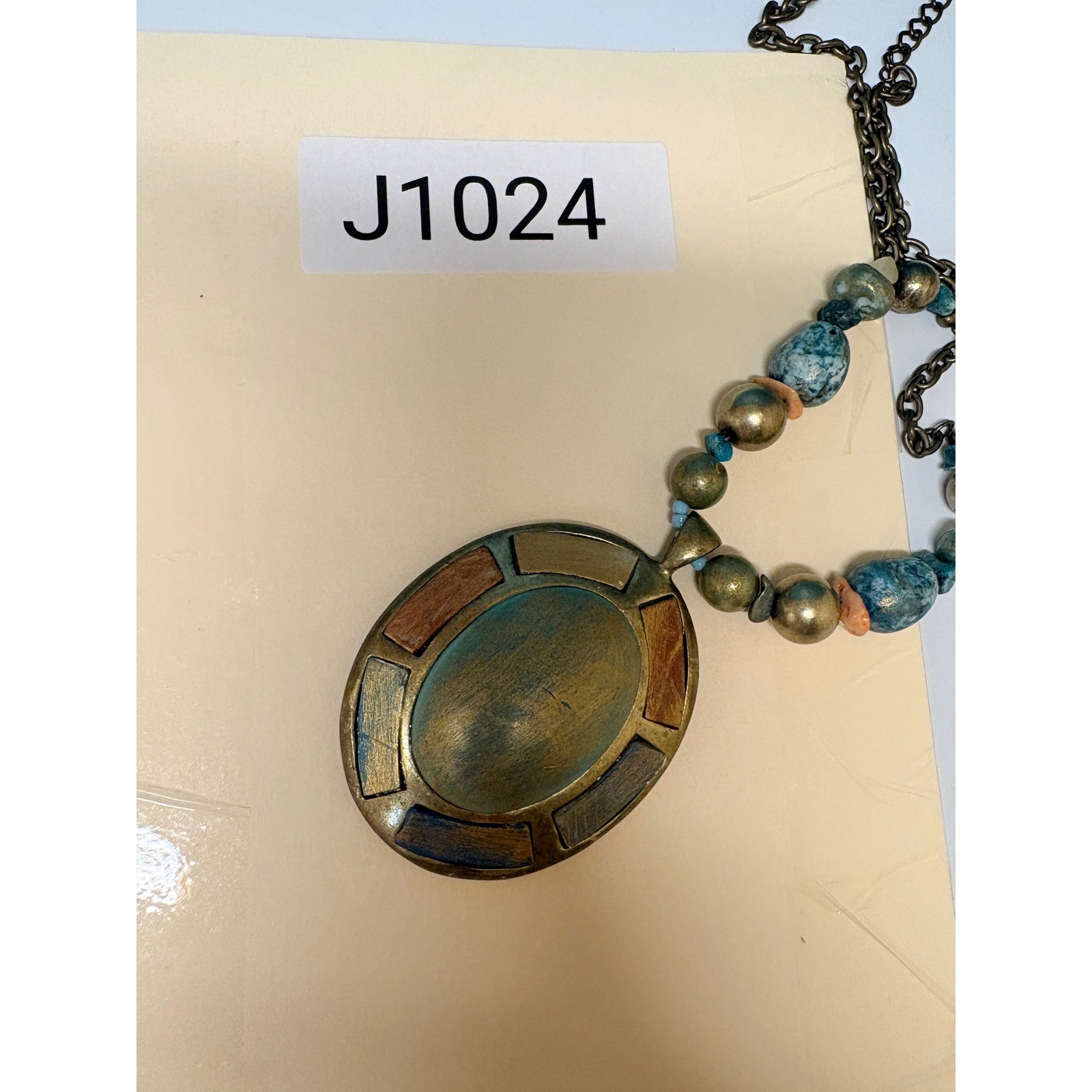 Moussa Artisan Brass Beaded Statement Necklace Teal Gold Oval Pendant Boho