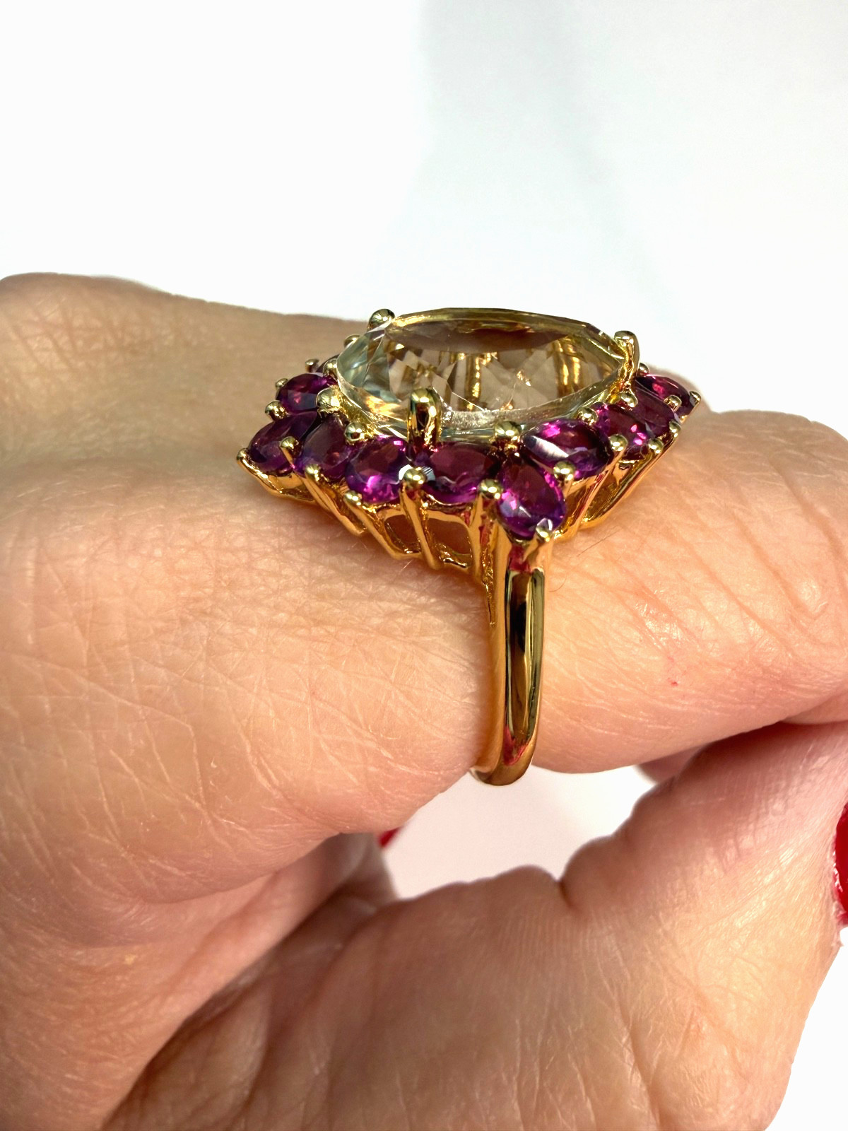 7.21 Ctw Natural Green Amathyst And Rhodolite 925 Sterling Silver Ring Size 8