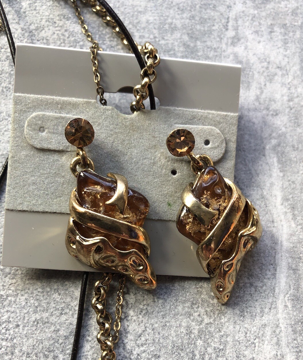 Art Deco Faux Amber Goldtone Greek Key Necklace and Earring Set Free Form