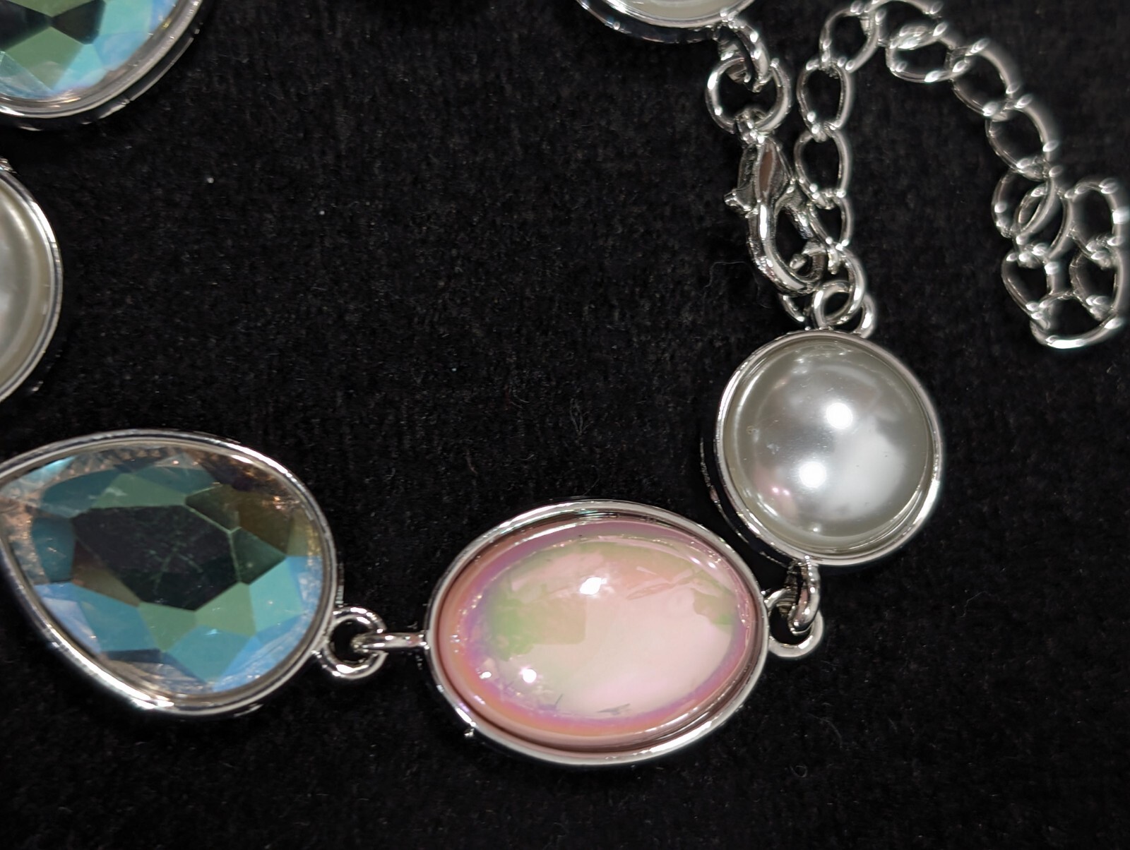 Silver Tone Pink Iridescent AB Crystal Faux Pearl Bezel Tennis Bracelet 9 in