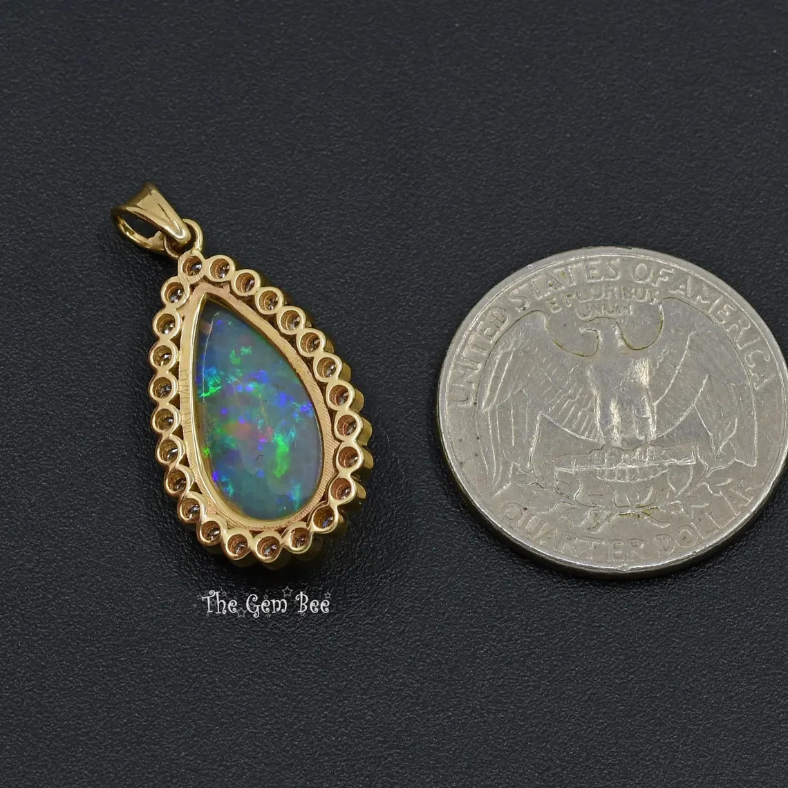 14k Yellow Gold 3.95CT Pear Shape Natural Opal 0.47CT Diamond Necklace Pendant