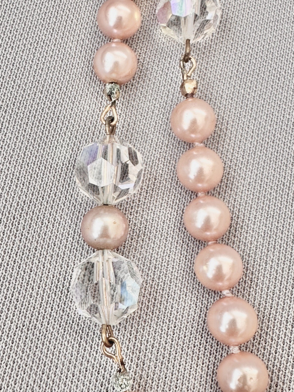 Vintage Elegant Long Dusty Pink Faux Pearl & Crystal Accent Bead Necklace-26 in