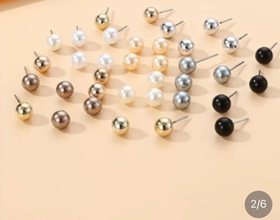 20 Pairs Pearl Ball Stud Earrings Set Gold Silver Black Round Minimalist Women J