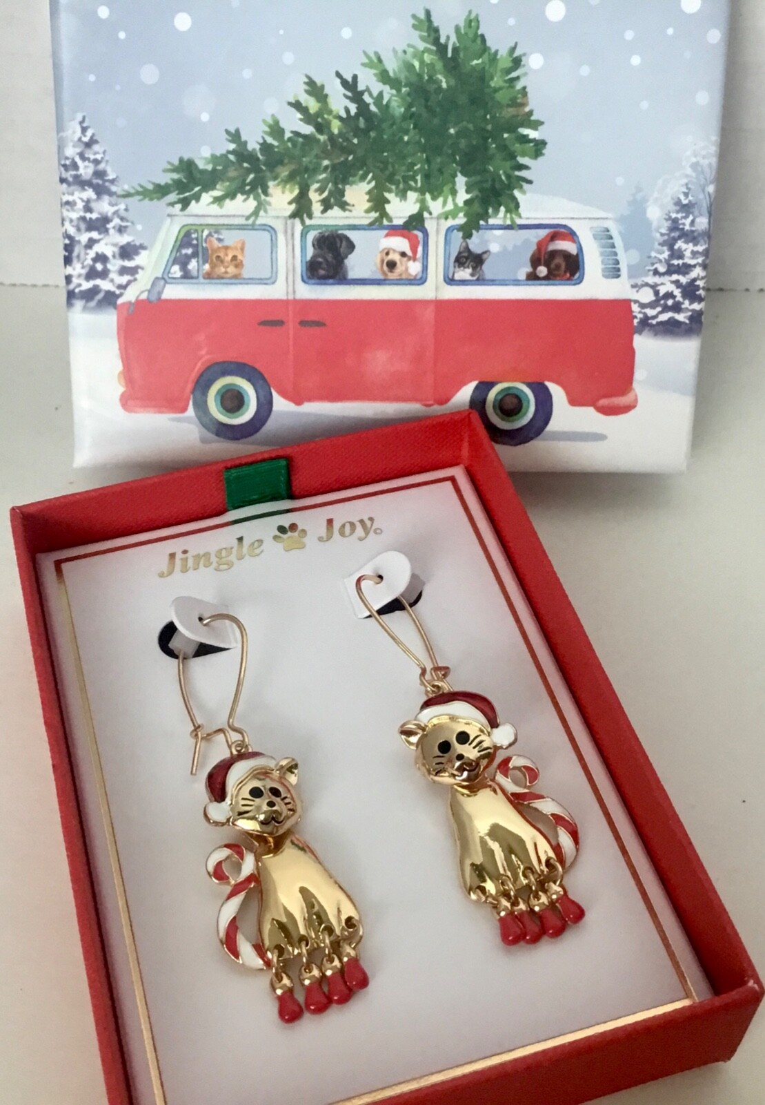 Jingle & Joy Christmas Kitty Cat With Santa Hat & Striped Tail Dangle Earrings