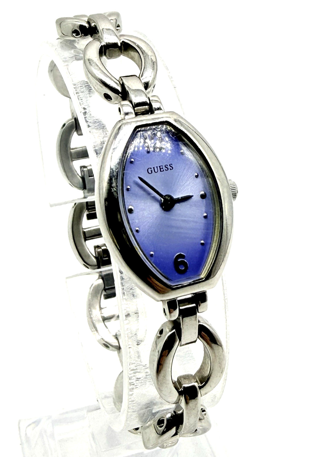 GUESS Ladies Watch Blue Dial New Battery Tonneau Shape Silver Tone Link Bracelet