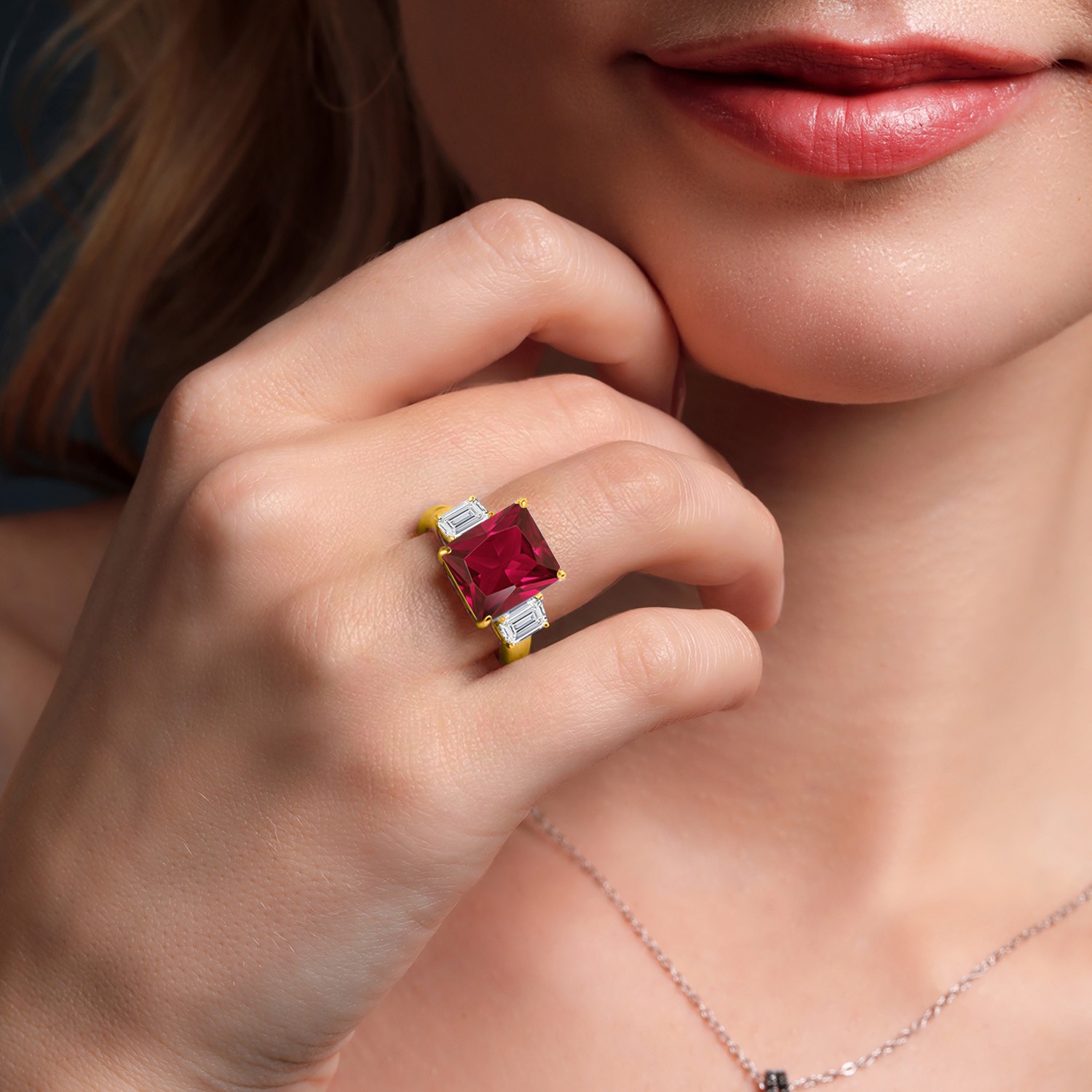 18K Yellow Gold Plated Silver Created Ruby and Lab Grown Diamond Engagement
