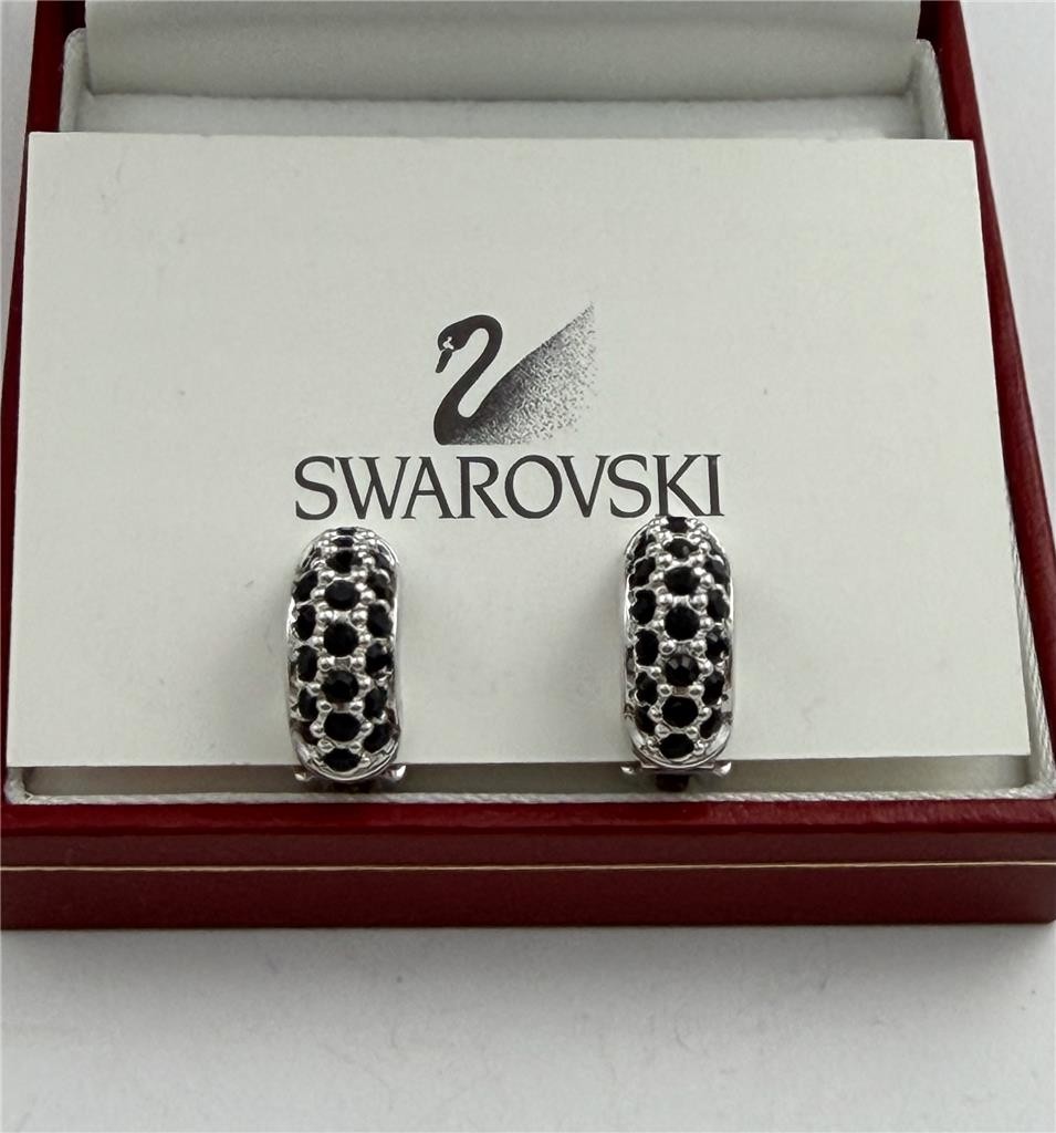 Vintage Swarovski Swan Logo Black Crystal Silver Tone Half Hoop Clip Earrings