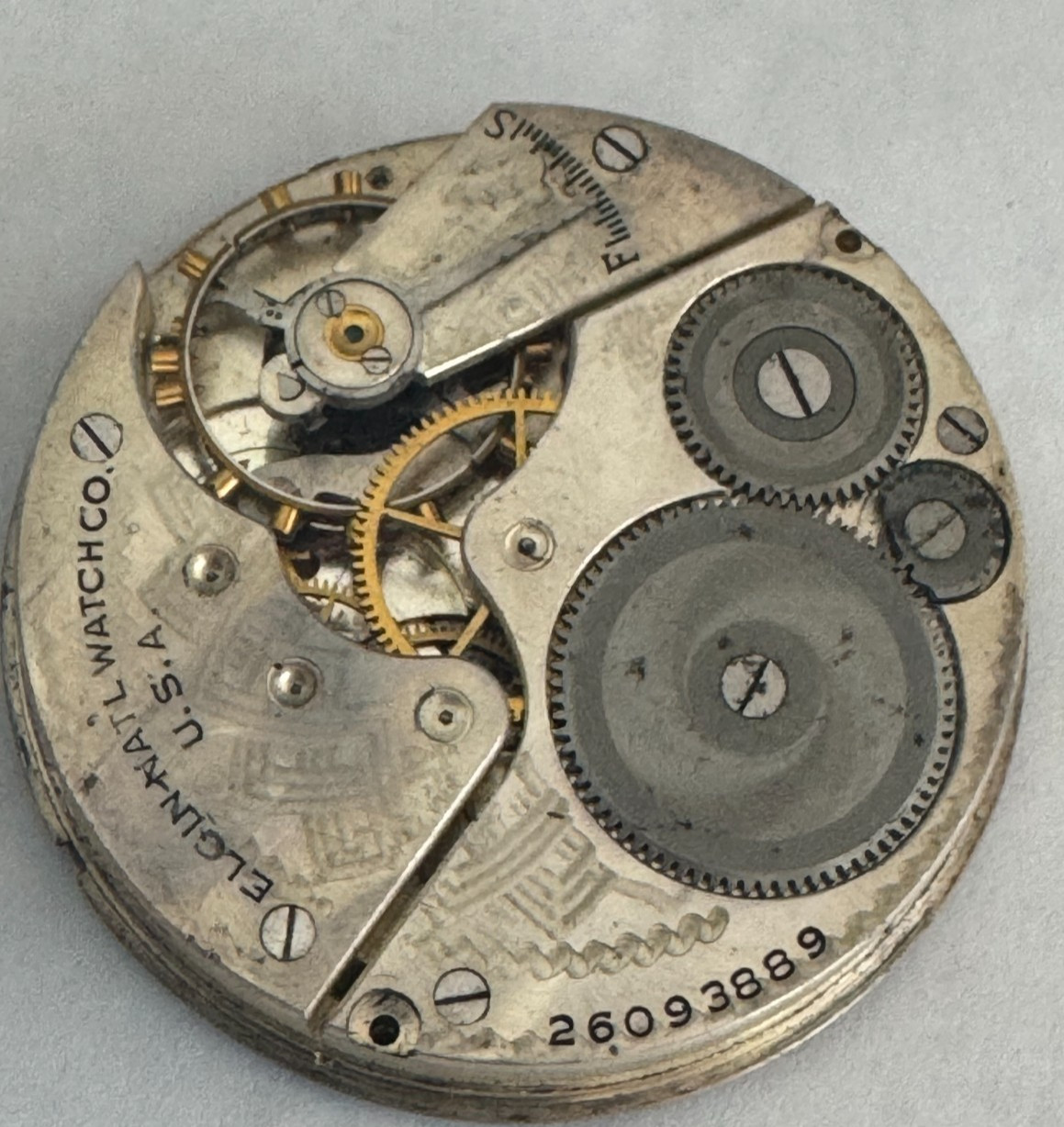 VINTAGE 16 SIZE ELGIN GR. 291 POCKET WATCH MOVEMENT NOT RUNNING BAD STAFF