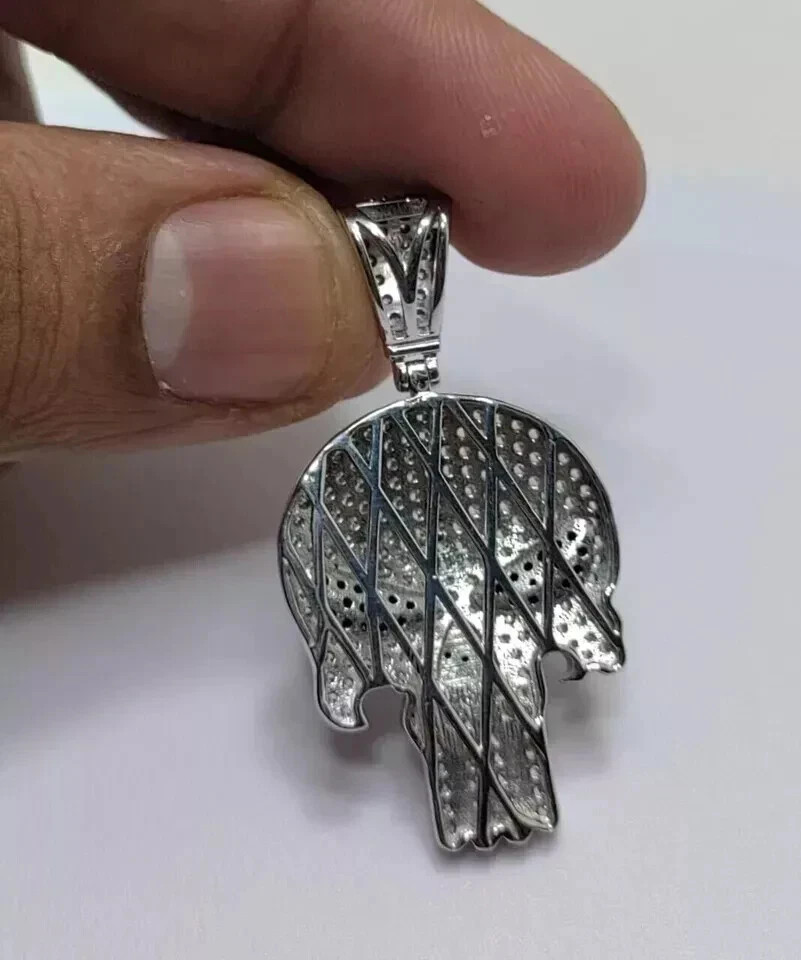 14K White Gold Plated Skull Pendant Necklace 2 Ct Round Simulated Black Diamond
