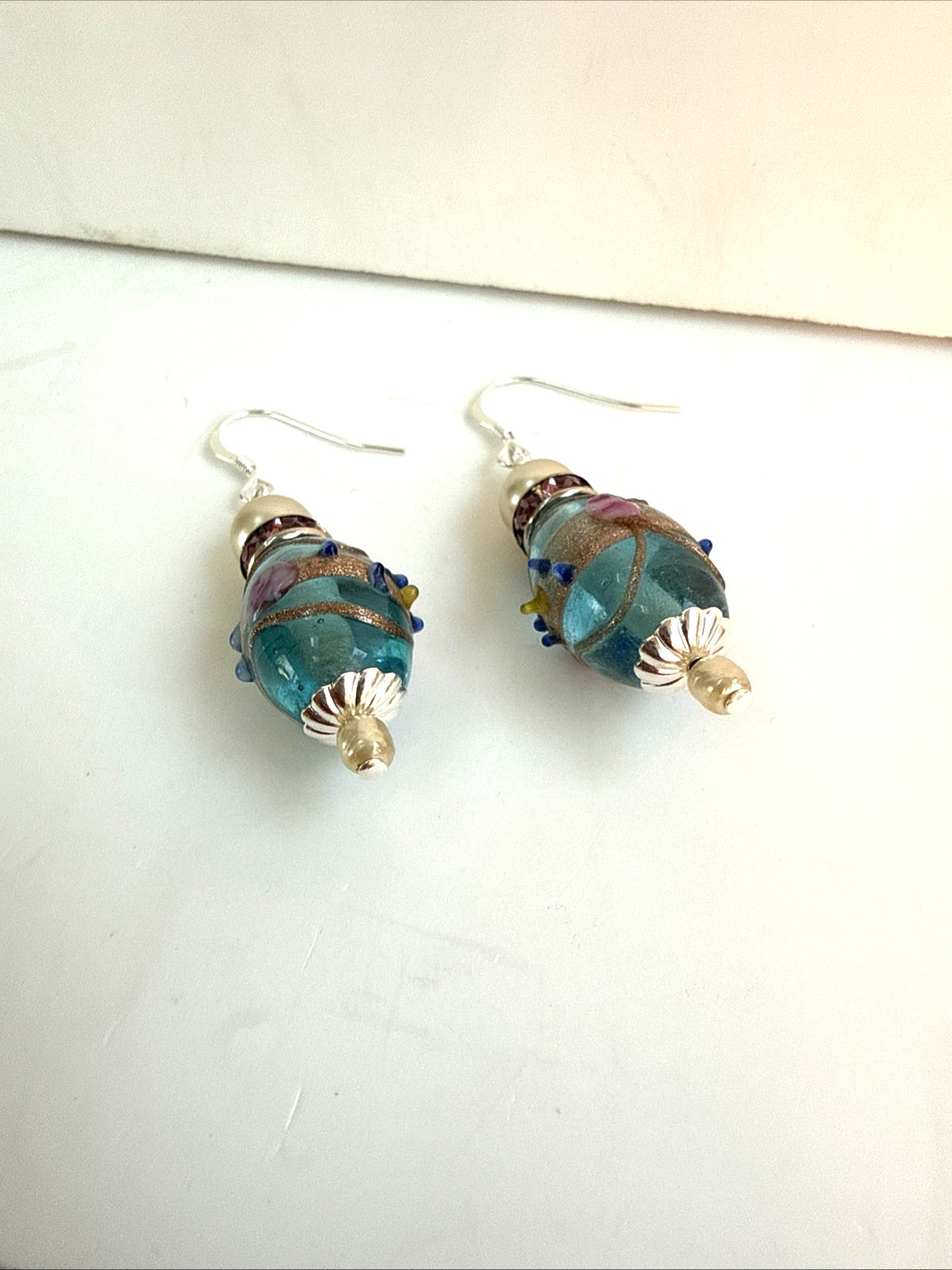 Blue & Pink Wedding Cake Glass Bead Pearl Dangle Earrings Rhinestone Roundelle