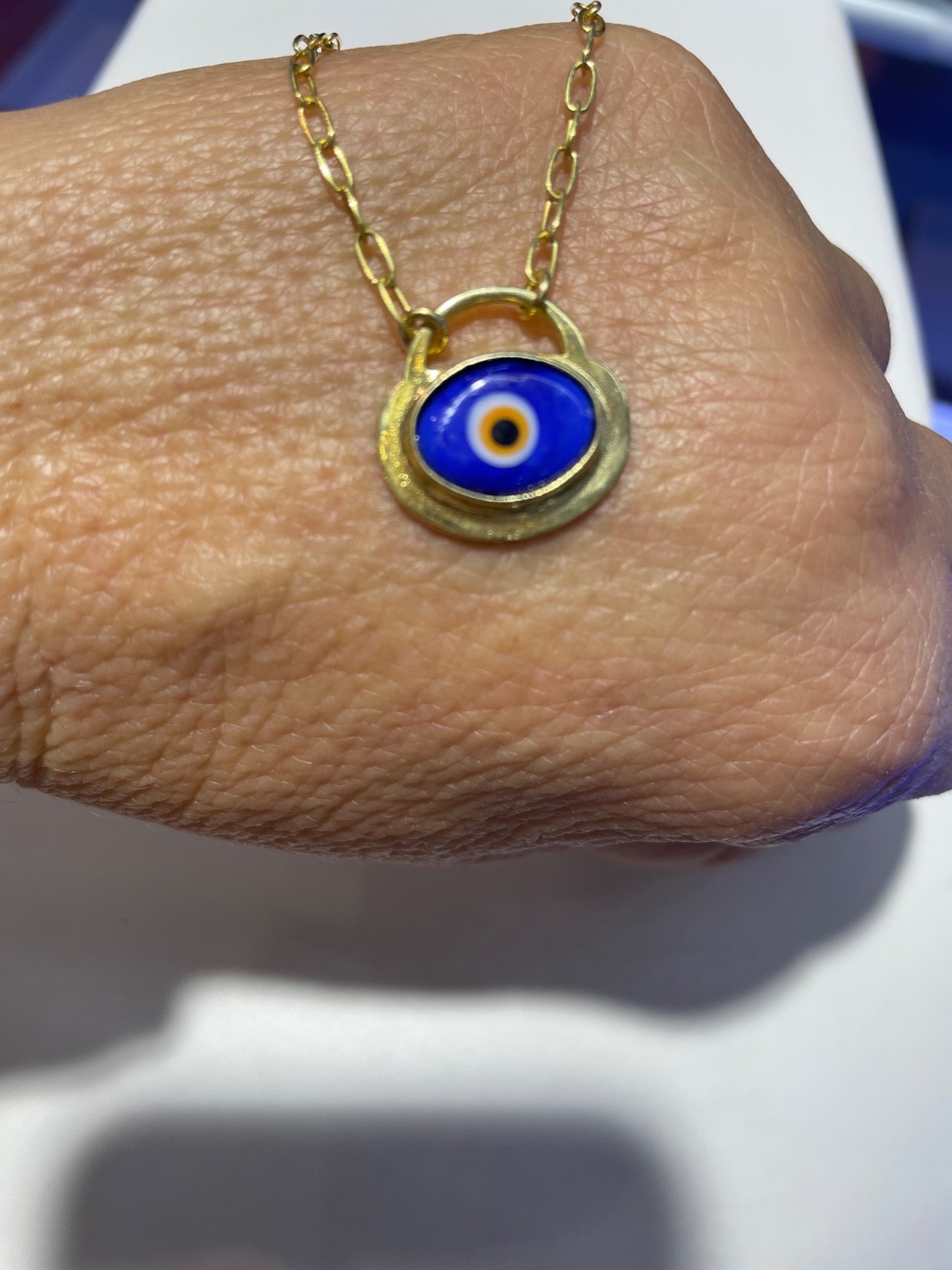 18k Yellow Gold Blue Evil Eye GREEK PADLOCK PAPERCLIP LINK 18″ CHAIN NEW