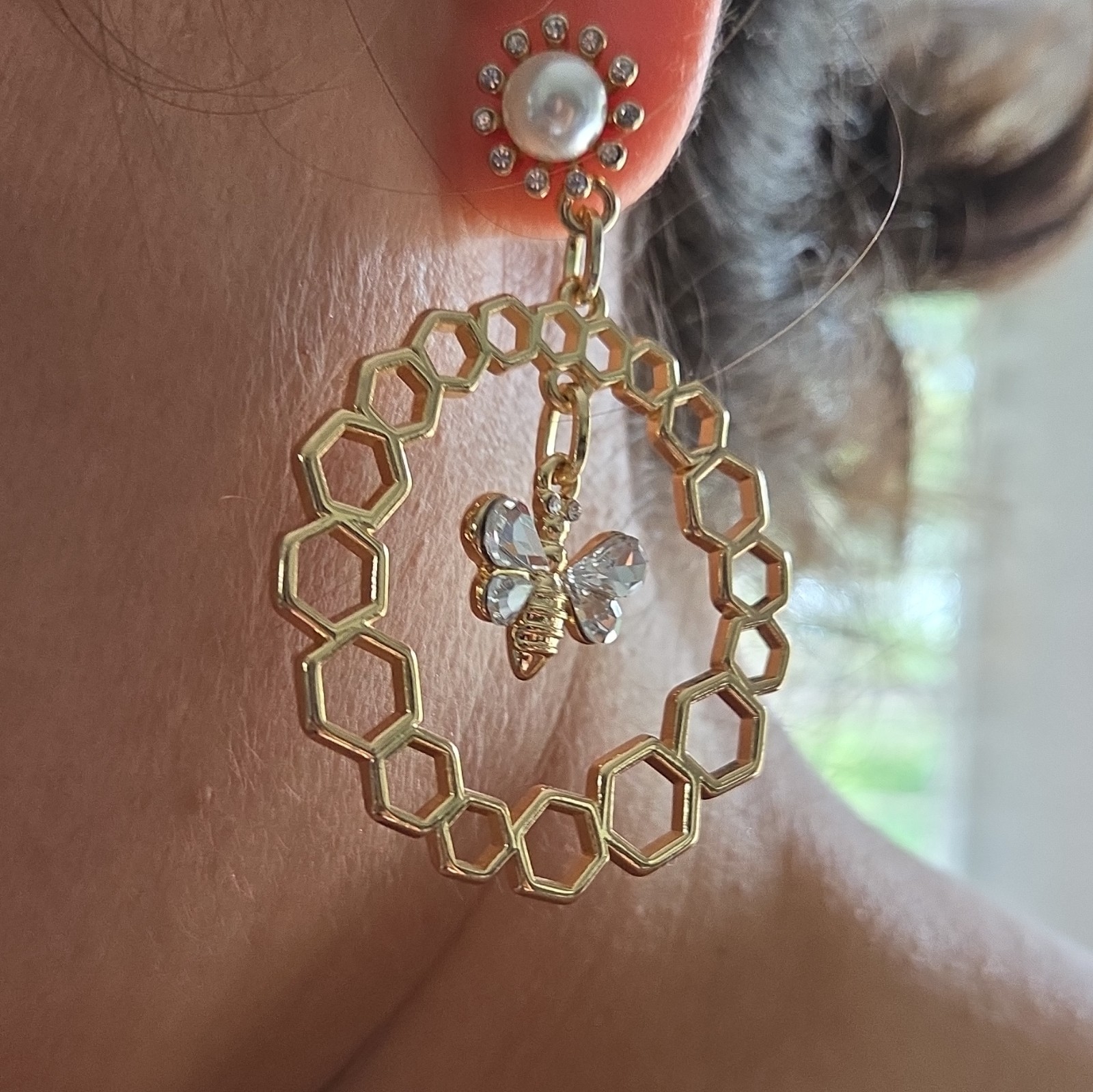 Gold Tone Honeycomb Hoop Dangle/Drop Earrings with Bee Charm, Metal, Lobe