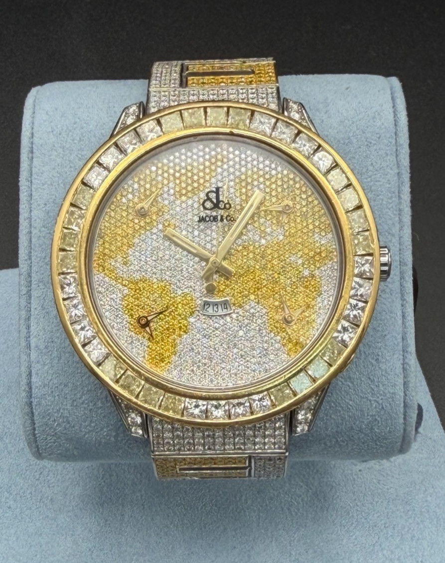 Jacob and Co 5 Time Zone The World Is Yours in Paved Diamonds