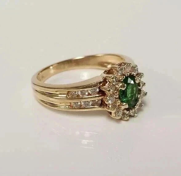 3.50Ct Oval Emerald & Moissanite Halo Ring 925 Sterling Silver 14K Vermeil Gift