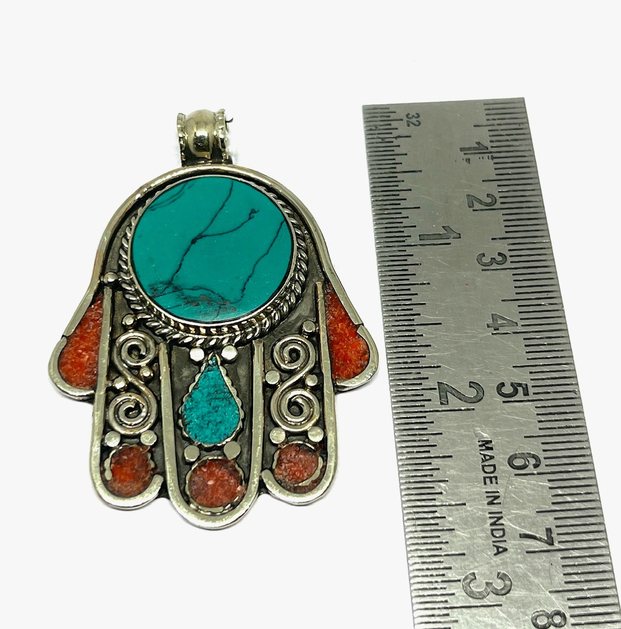 Vintage Turquoise Coral Gemstone Tibetan Buddhist Pendant Jewelry, 2.5 inch