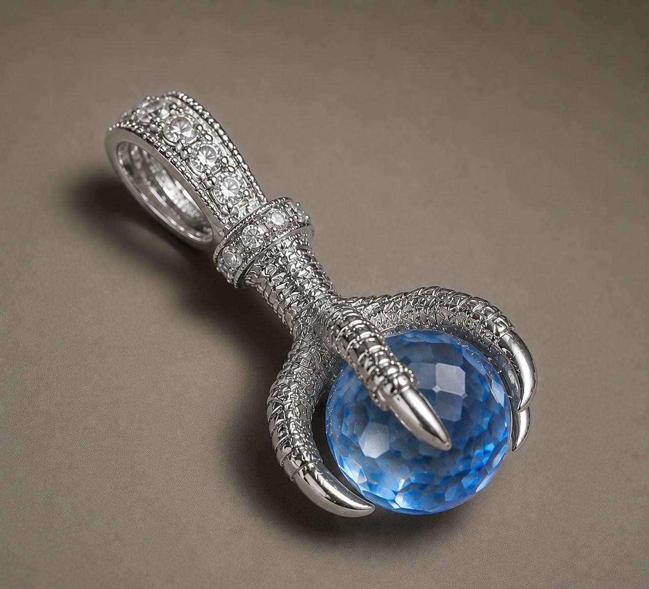 Natural Swiss Blue Topaz Sphere Pendant 925 Sterling Silver White Zircon Claw
