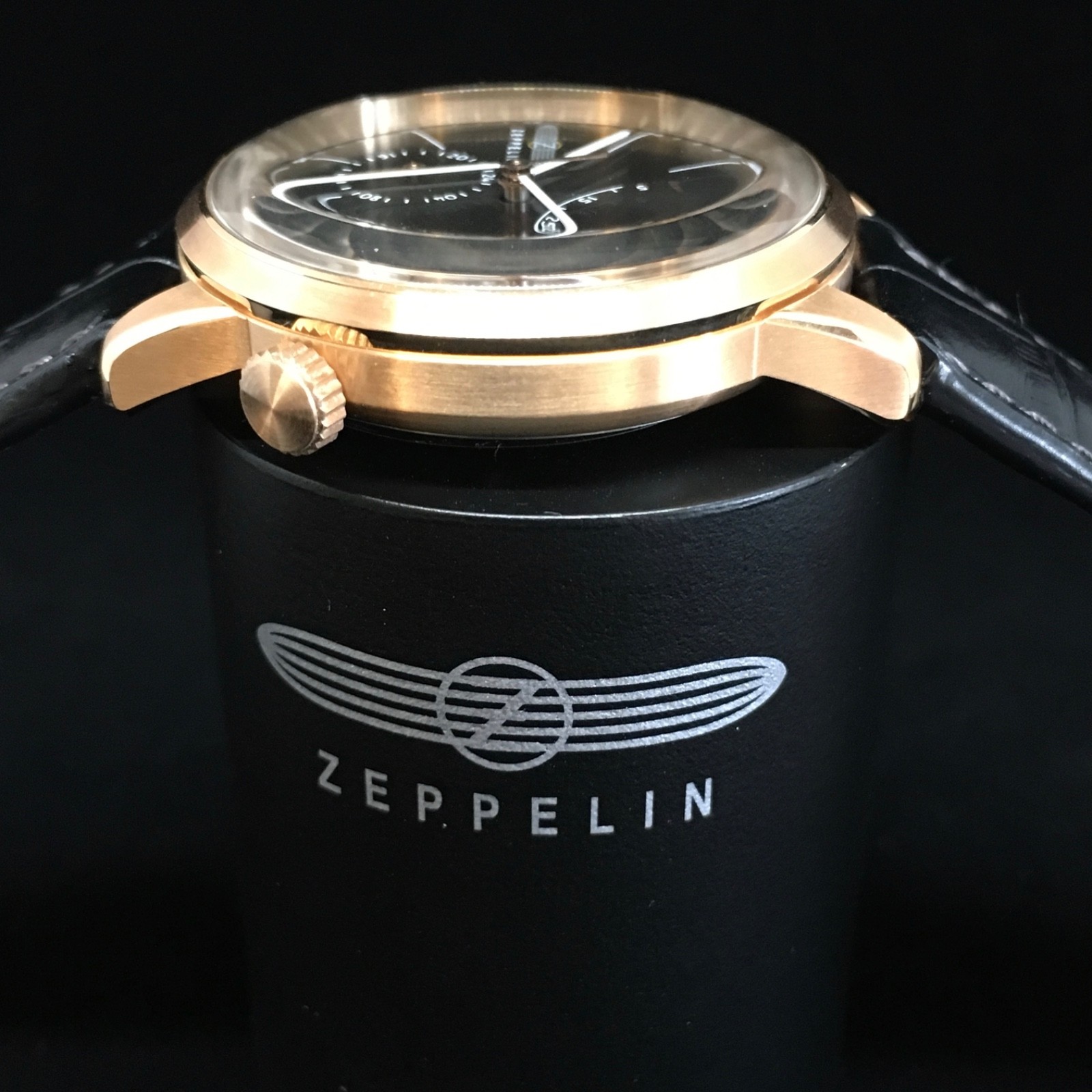 Zeppelin 7368-2 Flatline Automatic Power Reserve Black Dial Rose Gold + 4 Straps
