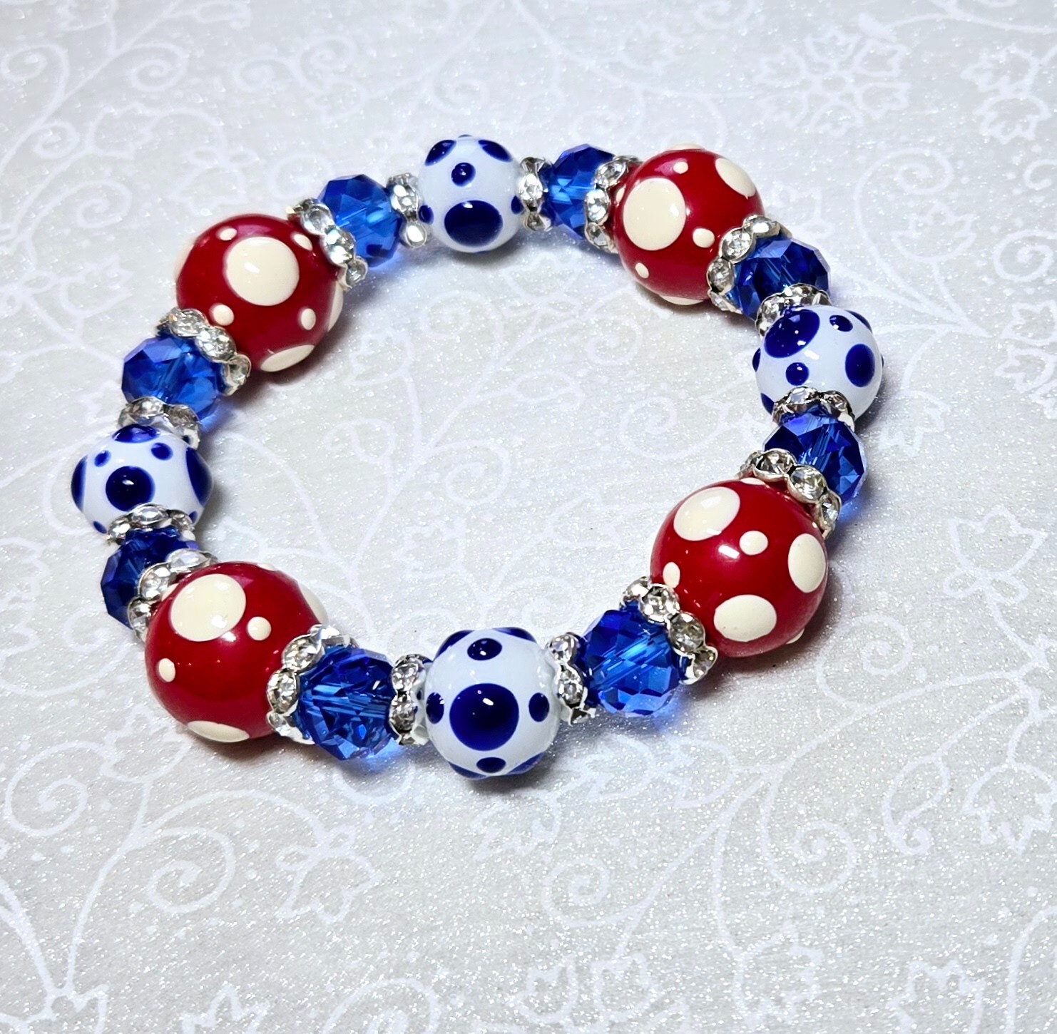 Polka Dot Red White Blue Patriotic Bracelet for Women Glass Beaded Stretch