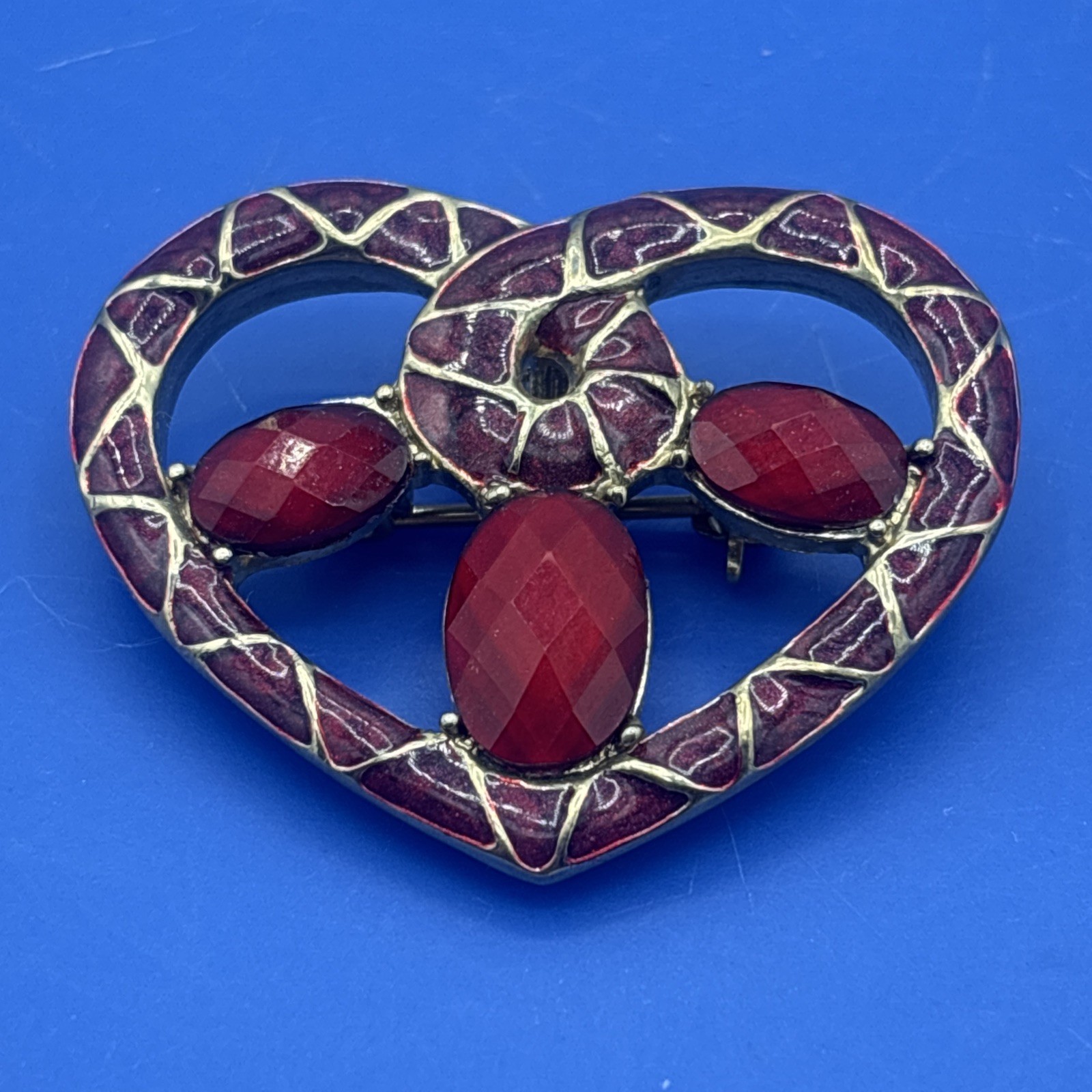 Vintage Red Enamel Heart Pin Pendant Faceted Stones Gold Tone 1.5” Double Use