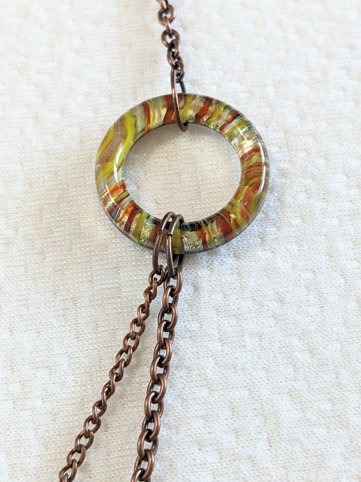 Copper Tone Multi Chain & Colorful Striped Art Glass Circle Beaded 29″ Necklace