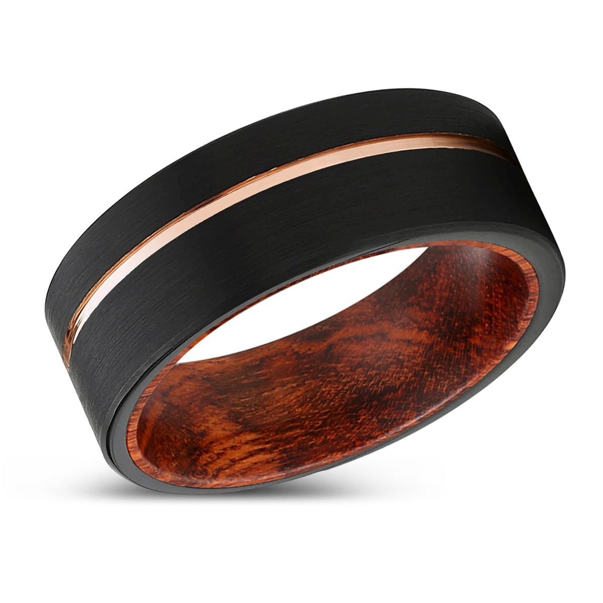 ROAMER | Snake Wood, Black Tungsten Ring, Rose Gold Offset Groove, Brushed, Flat