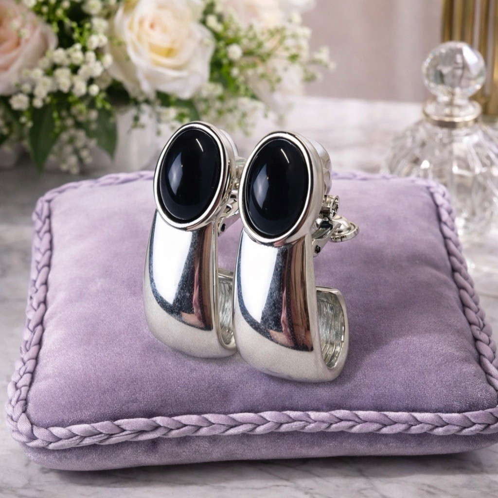 Vtg Napier Black & Silver Clip On & Screw Back Earrings – Classic Luxury- 1.5”