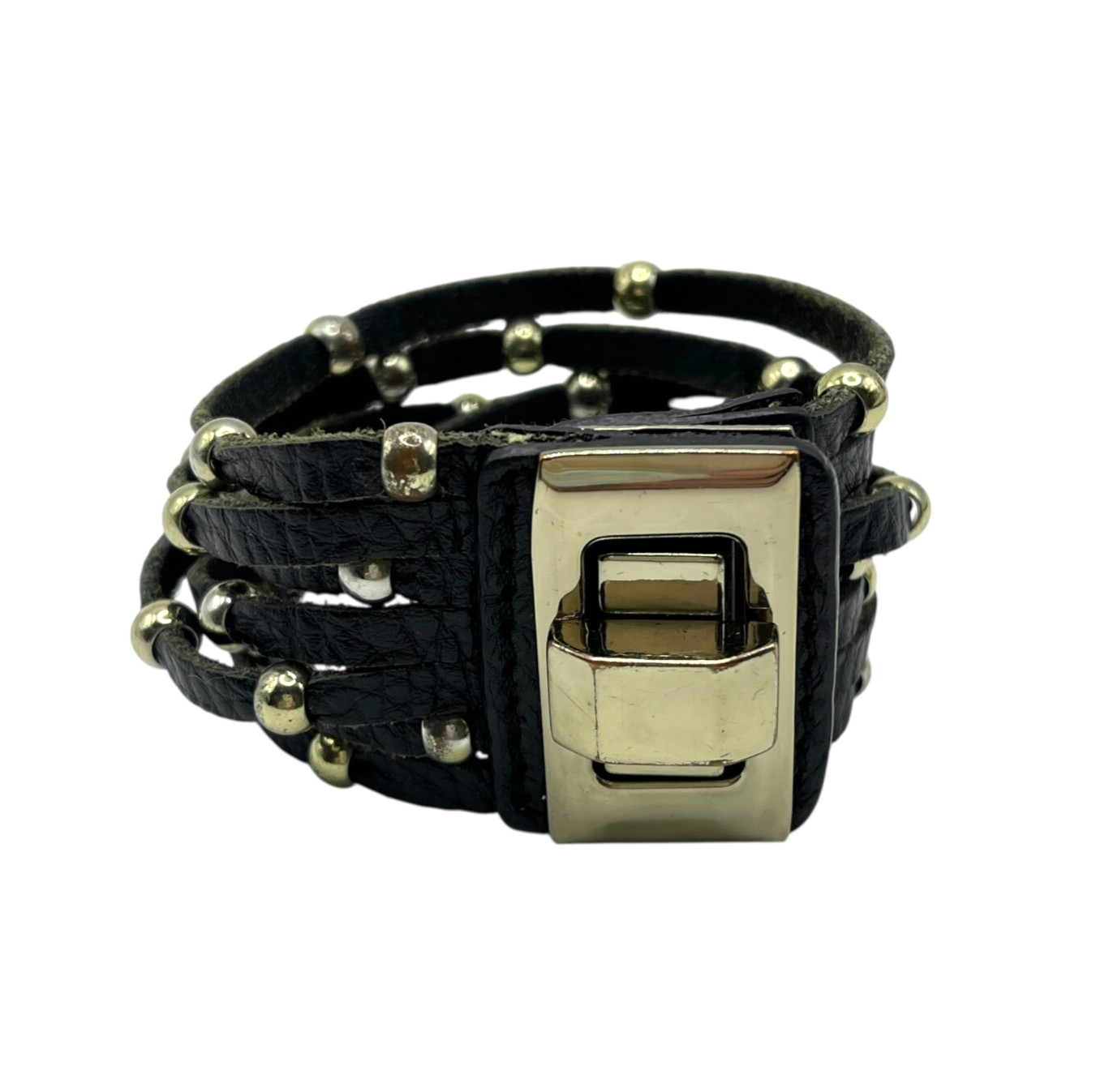 Black Strappy Leather Cuff Bracelet Black Gold Tone Beads Chunky Turn Lock Punk