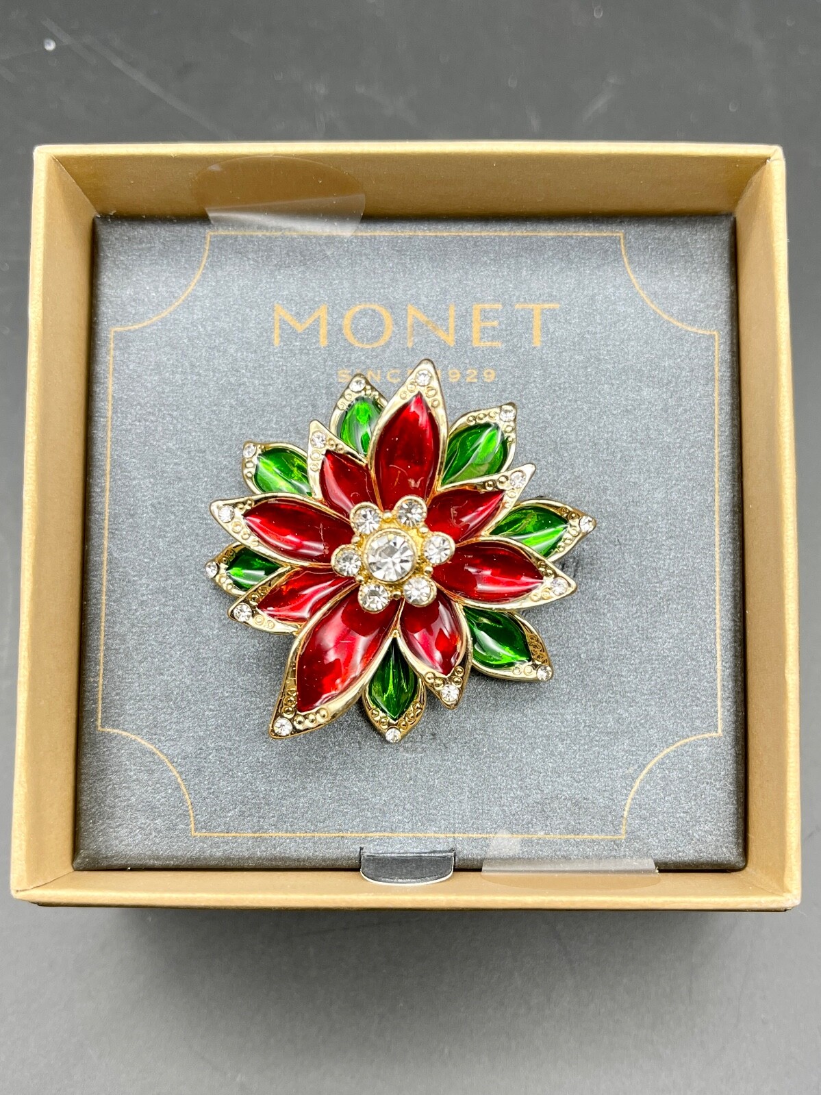Monet Christmas Holiday Brooch Pin Jewel Enamel Gold Poinsettia New in Box 1.75″