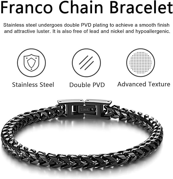 Men Bracelet Stainless Steel Fold Over Clasp Franco Chain Bracelets Gift Black