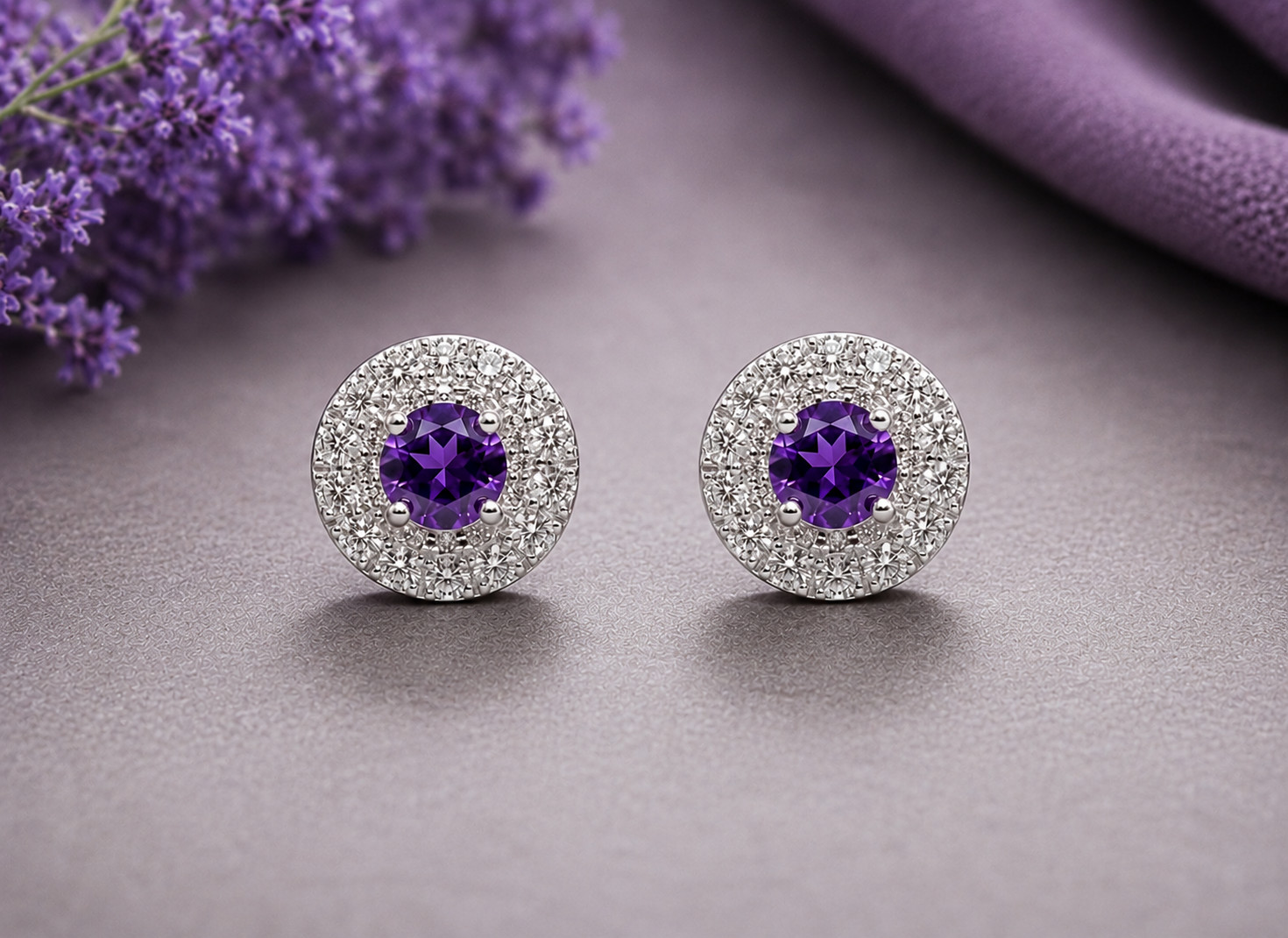 925 Sterling Silver Amethyst Halo Stud Earrings Lab Created February Gift