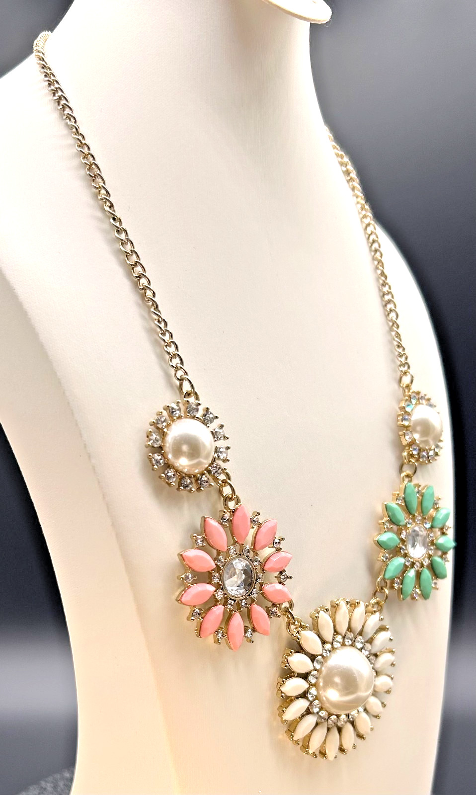 Bold Floral Bib Statement Necklace Pink Mint White Cream Pearl Rhinestones