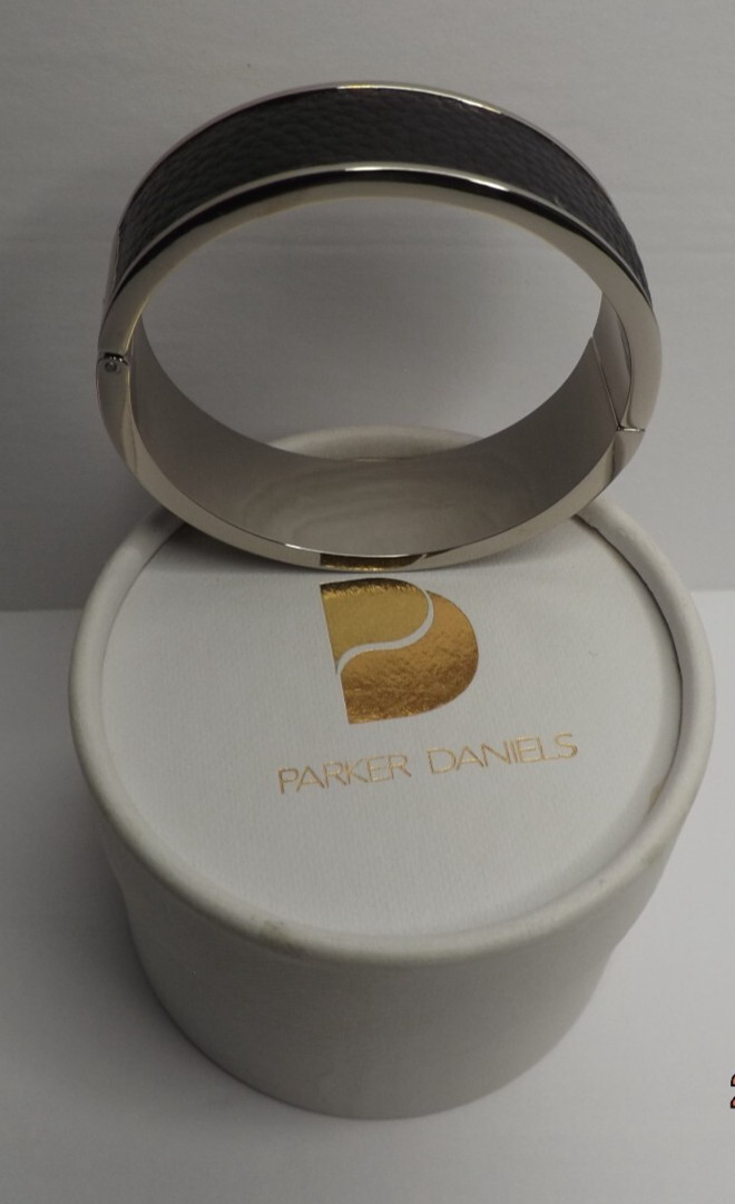 Parker Daniels Hinged Logo Block Black & Rhodium Bracelet – Leather Insert #PDJ9