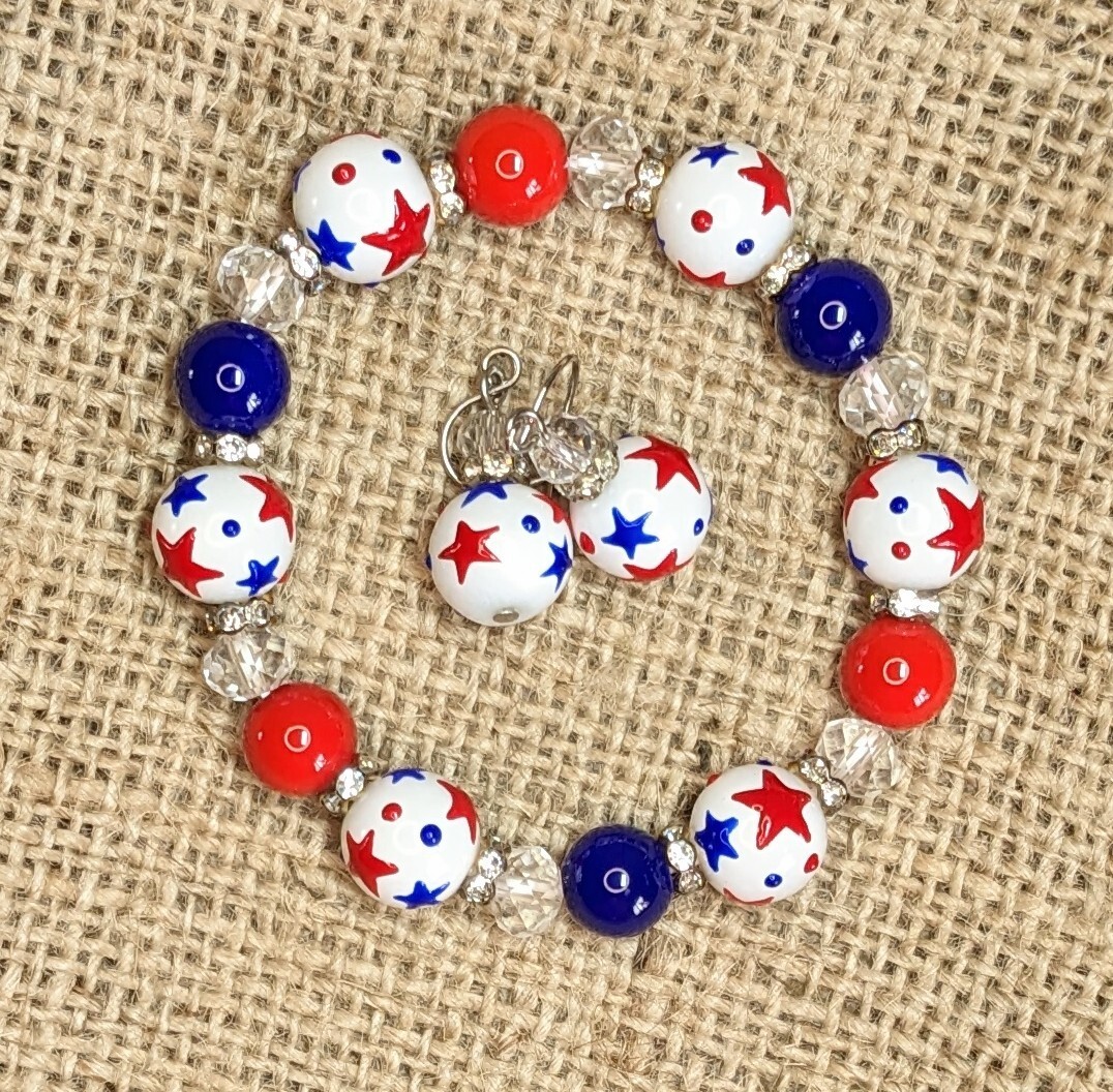4th of July Bracelet Earring set RWB Stars Beaded Stretch Bracelet Earrings
