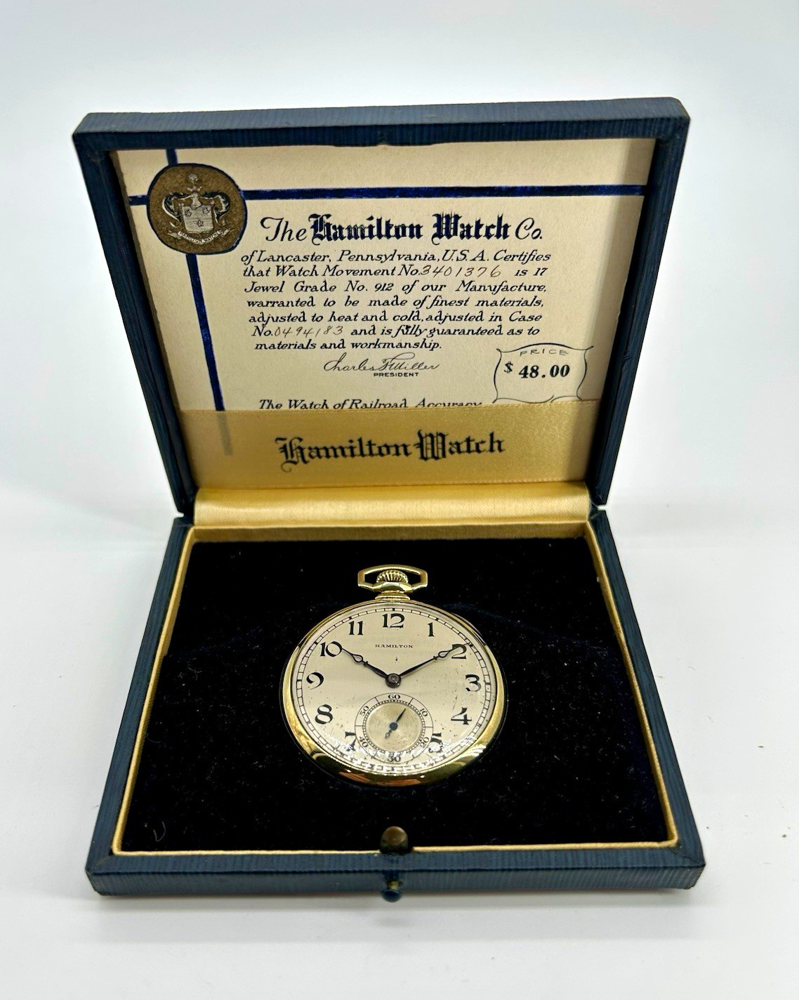 Hamilton 912 Pocket Watch Box & Papers 17J 14K GF Wadsworth Running Matched Set