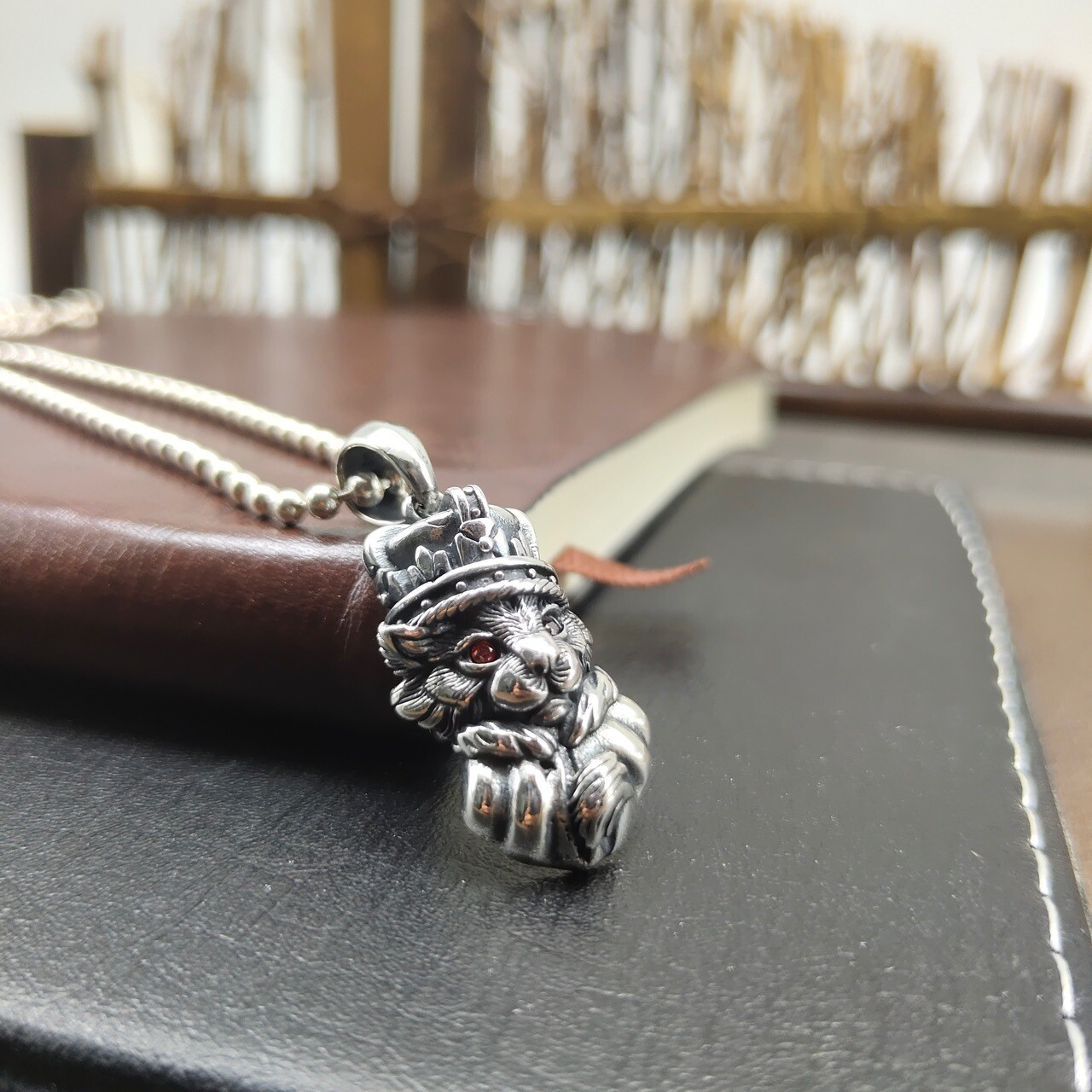 S925 Sterling Silver ROYAL CAT King Pendant Crown Red Eyes Gothic Thai Solid