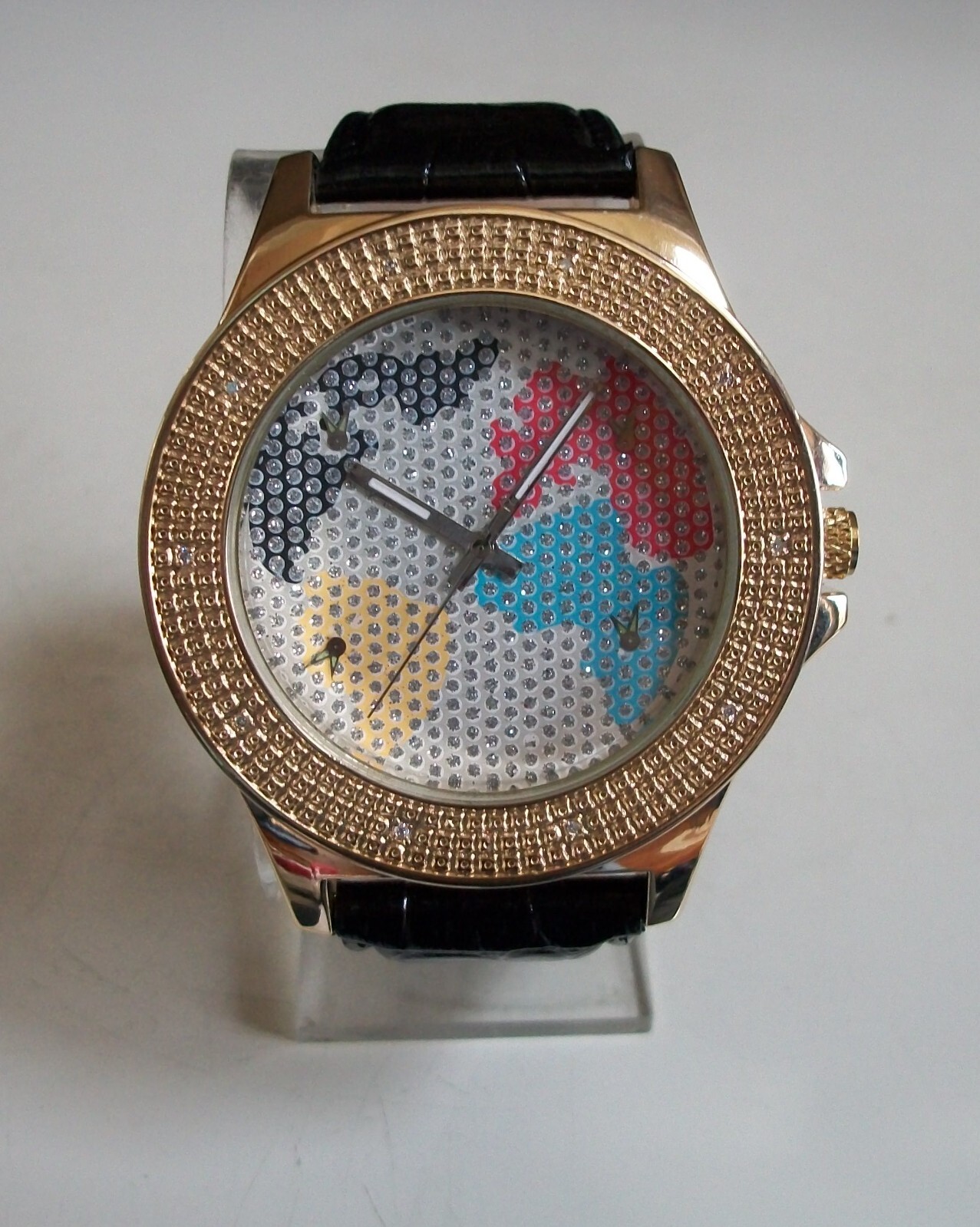 Men’s World Map Casual Gold Finish Black Leather Band Fashion Hip Hop Watch