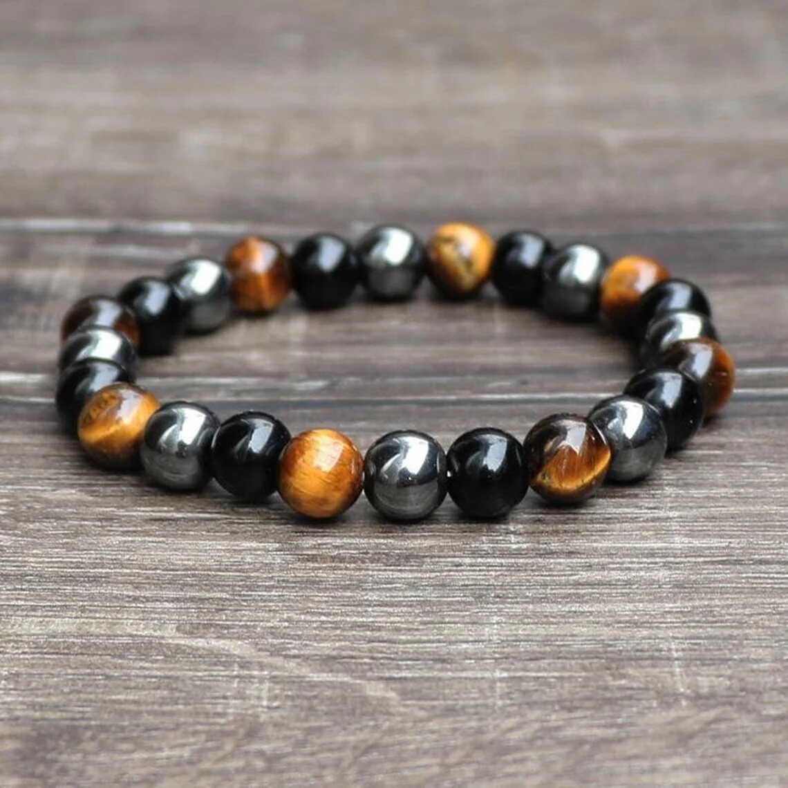 Natural Tiger’s Eye Obsidian Hematite Stone Beaded Bracelet for Strength Balance