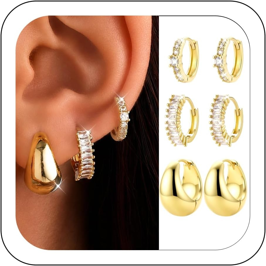 3 Pairs Gold Hoop Earrings Set: Dainty Stud Earrings Trendy Small 14K Gold Plate