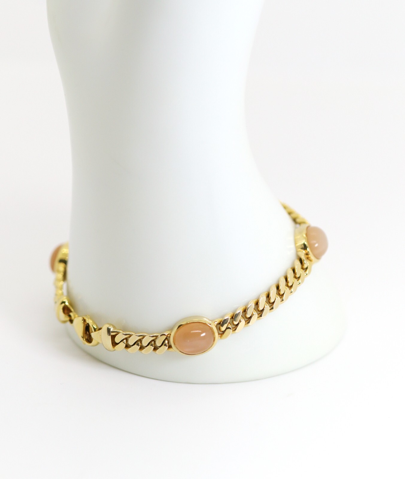 Flat Curb Link Bracelet Yellow Gold Rose Quartz Cabochon 14kt – 585, L: 20cm