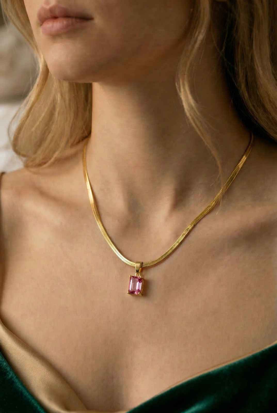 Diamond CZ Snake Chain – Emerald Cut Necklace | Dainty Herringbone | 18k Gold