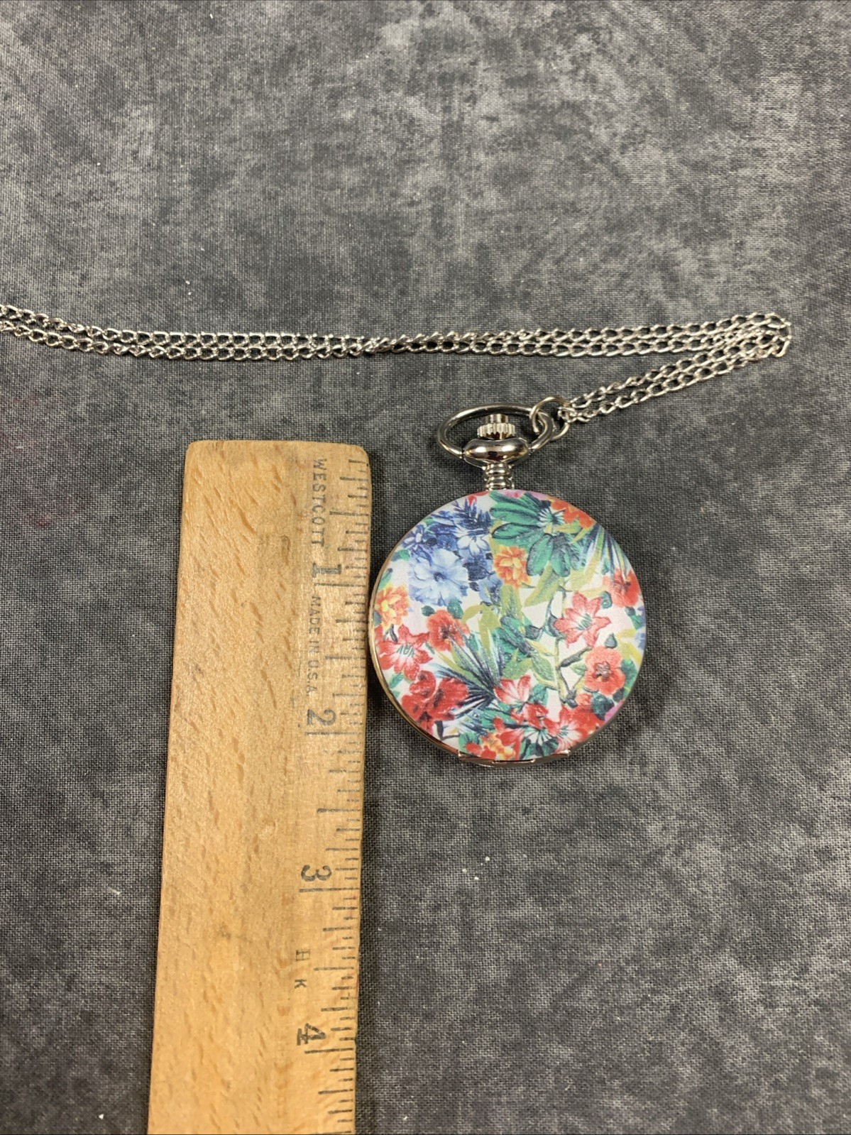 Strada Pocket Watch Necklace Silver Case & 26” Necklace Floral Painted Top W/Box