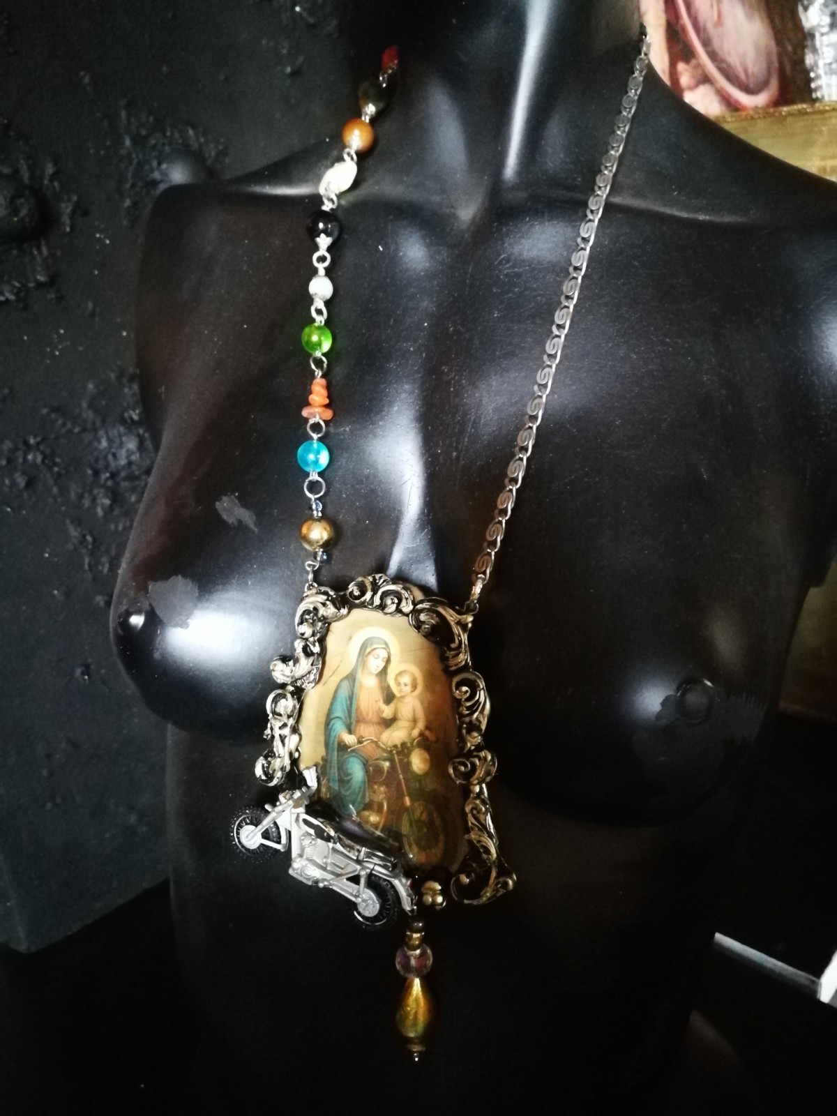 Vintage Assemblage Jewelry Necklace Pendant Baroque Pop Religion Motorcycle Fans