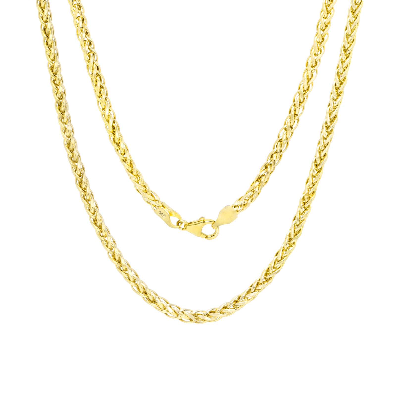 14K Yellow Gold 3mm Round Franco Wheat Foxtail Palm Link Chain Necklace 16″- 30″